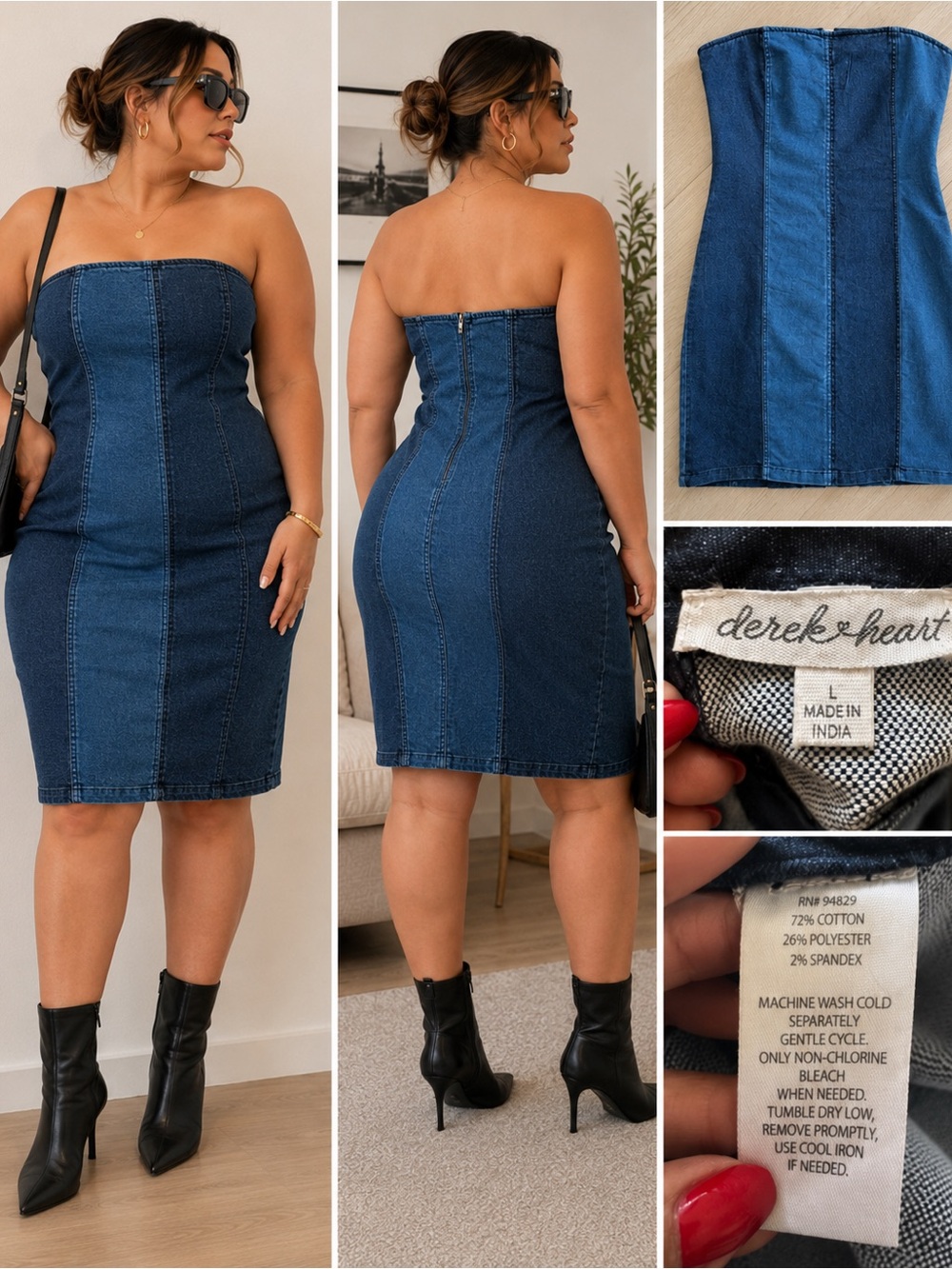 Derek + Hart Strapless Denim Bodycon Dress Paneled Blue Knee Length Size L